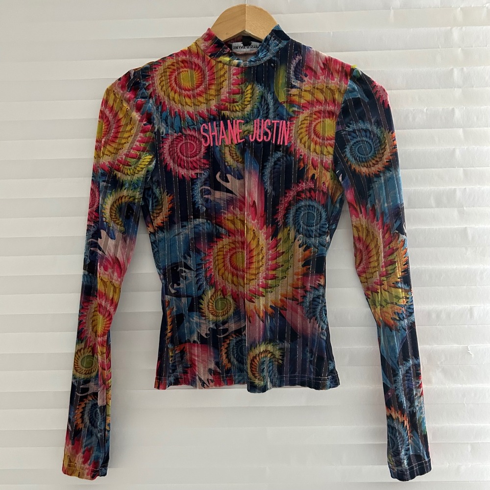 Shane Justin Womens Psychedelic Swirl Mock Neck Long Sleeve Top S Retro Festival